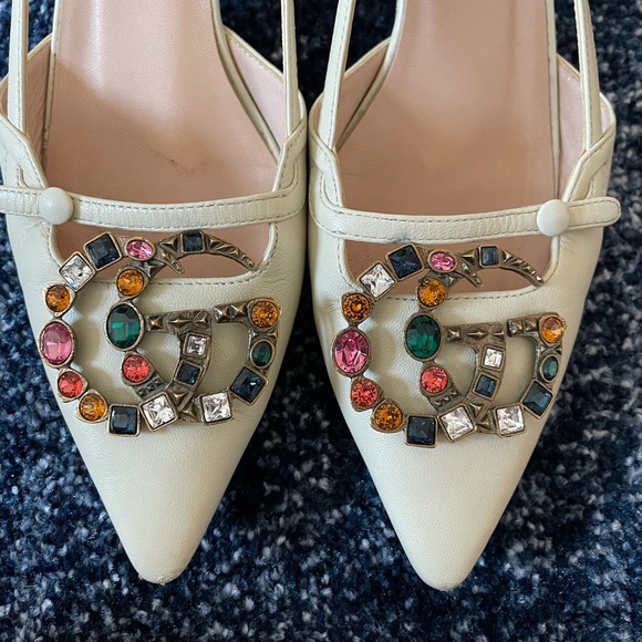 Gucci White GG Crystal Bamboo Unia Heels 8.5
